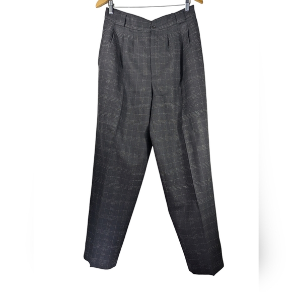 100% Pure Pants - Vintage Wool Plaid Pants Women’s Size 12 Gray Check High Waist Pleated Trousers